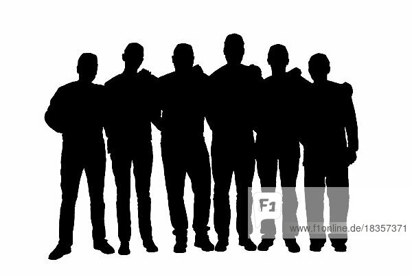 Silhouette von sechs unerkennbaren Männern in Uniform vor weißem Hintergrund