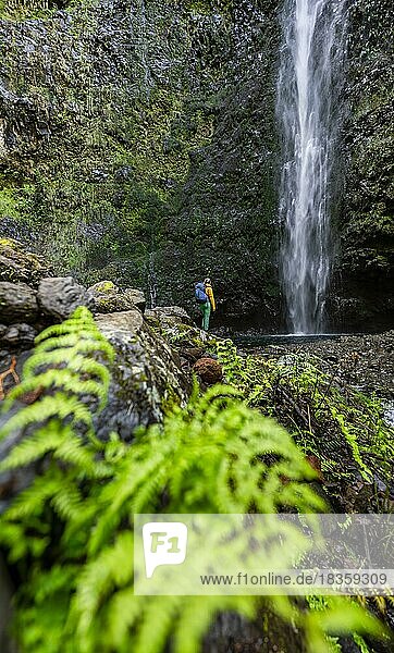 Wanderin am Wasserfall Caldeirão Verde am PR9 Levada do Caldeirão Verde  Madeira  Portugal  Europa
