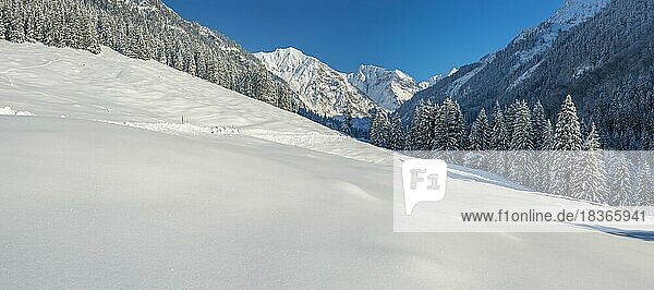Oytal im Winter  dahinter Schochen  2100m  Schneck  2268m  Himmelhorn  2113m  und Großer Wilder  2379m  bei Oberstdorf  Oberallgäu  Bayern  Deutschland  Europa