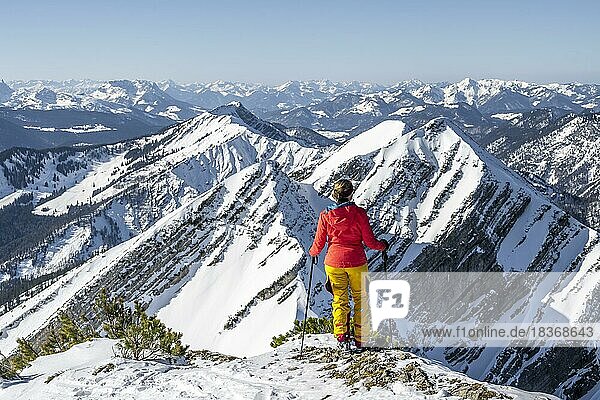 Ski tourers at the summit  mountains in winter  Sonntagshorn  Chiemgau Alps  Bavaria  Germany  Europe