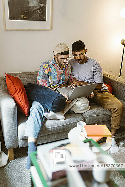 Homosexuelles Paar benutzt einen Laptop  während es zu Hause auf dem Sofa sitzt