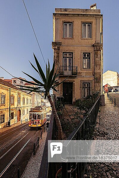 Häuserfronten  enge Straßen  Gassen und Treppen  in einer Historischen Altstadt. schöner Urbaner Ort Alfama am Morgen mit Straßenbahn  der berühmten Tram 28 in der hauptstadt Lissabon  Portugal  Europa