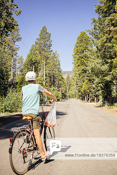 USA  California  Tahoe City  Rear view of boy (12-13) riding bicycle on road