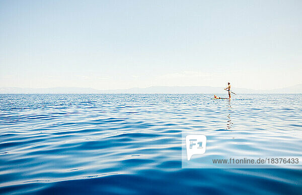 USA  California  Father and son (10-11) paddleboarding on calm Lake Tahoe