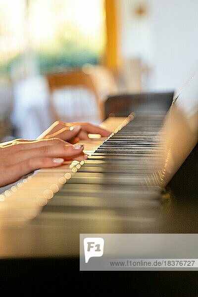 Attraktive Frauenhände auf einem Klavier in warmem Licht  Bad Wildbad  Deutschland  Europa