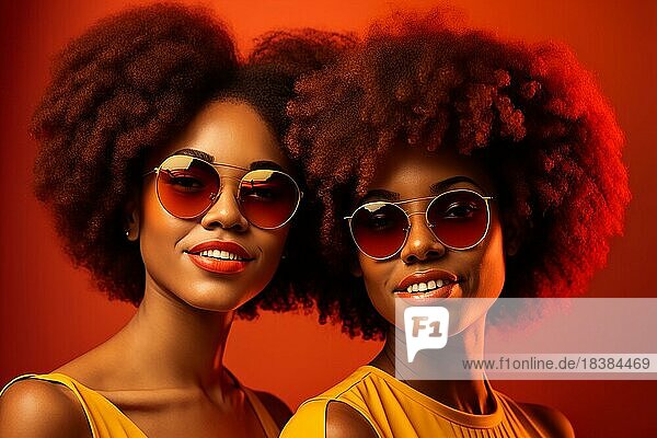 Porträt in halber Länge  Porträt von zwei afrohaarigen Frauen mit Sonnenbrillen  die lächeln  roter Hintergrund