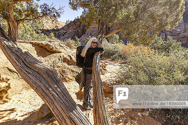 Senior blond woman hiker at Zion National Park Utah