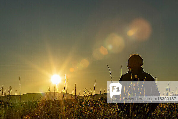 sunset silhouette view of man in field near Sun Valley Idaho