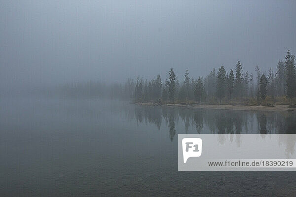 foggy lake shorline in mountains near Sun Valley Idaho