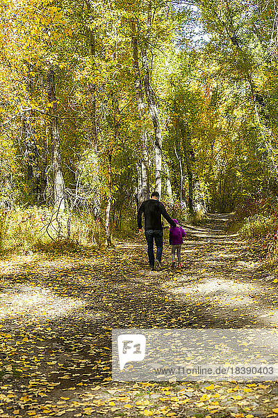 father and daughter walk through fall in the forest near Sun Valley idaho