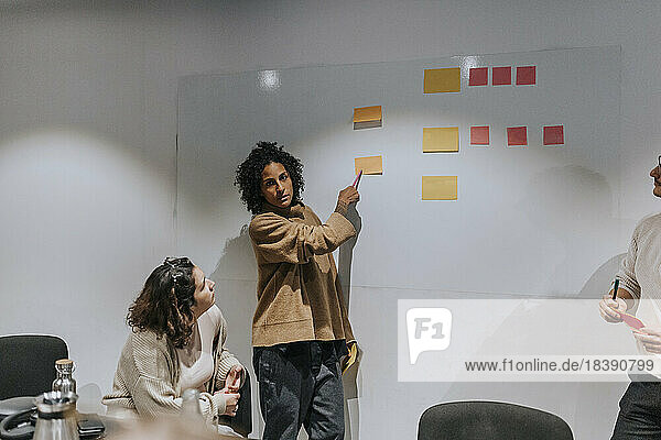 Eine Unternehmerin erklärt ihren Kollegen in einer Sitzung im Sitzungssaal die Geschäftsstrategie