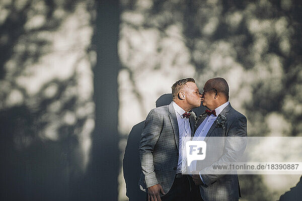 Zärtlicher schwuler Mann küsst glatzköpfigen Partner auf den Mund an der Wand während der Hochzeit an einem sonnigen Tag