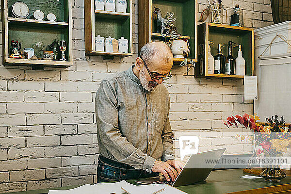 Älterer männlicher Inhaber arbeitet an einem Laptop an der Kasse in einem Geschäft für Innenausstattung