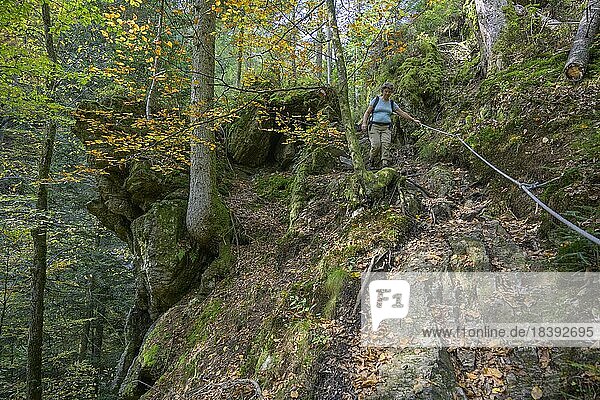 Hiker on an insured path in the Raabklamm  Arzberg  Mortantsch  Styria  Austria  Europe