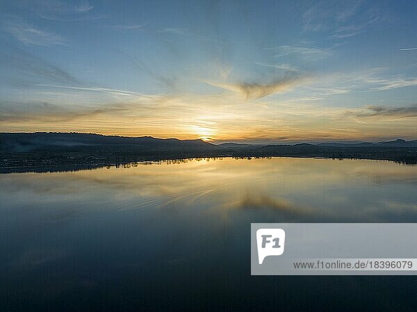 Lake Constance reflected in the evening sky at sunset  Radolfzell  Konstanz district  Baden-Württemberg  Germany  Europe