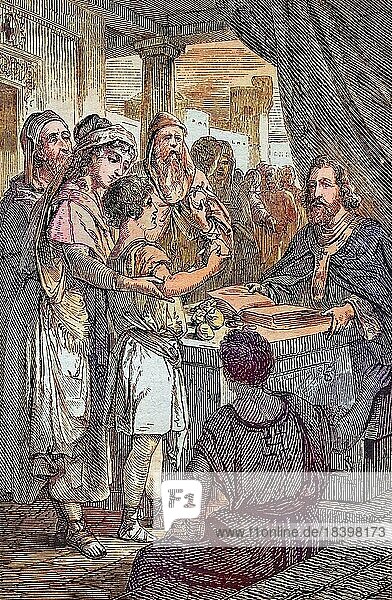 Biblical story  The believers lay their money at the feet of the apostles  Historical steel engraving from 1860