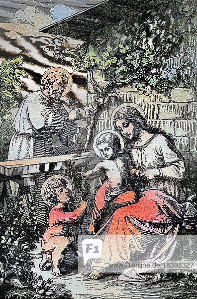 Biblical History  The Holy Family  Historical steel engraving from 1860