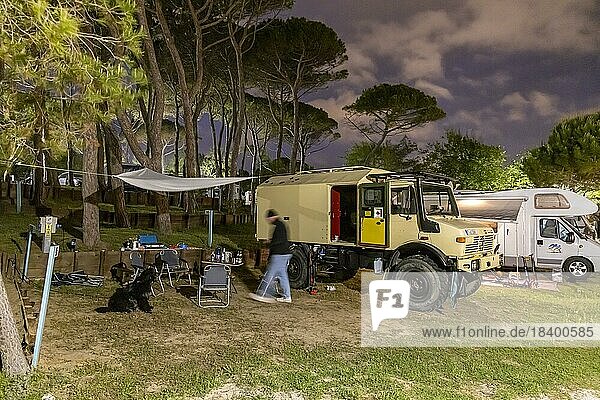 Camping under pine trees  Unimog motorhome on a campsite on the Adriatic Sea  Caorle  Veneto  Italy  Europe