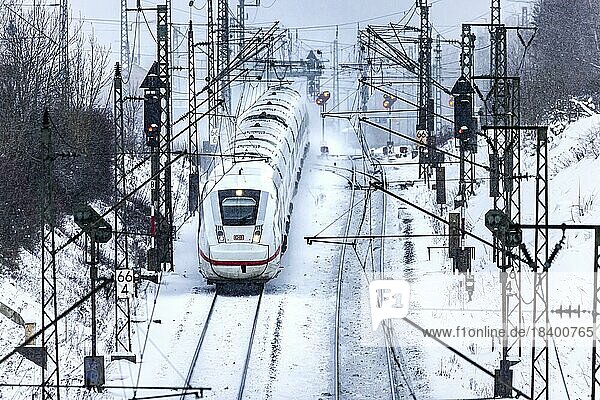 Deutsche Bahn InterCityExpress ICE  railway technology with signalling equipment and overhead line  winter  Amstetten  Baden-Württemberg  Germany  Europe