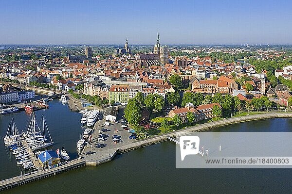 Aerial view over the waterfront and marina of the Hanseatic City of Stralsund along the Strelasund in summer  Mecklenburg-Vorpommern  Germany  Europe