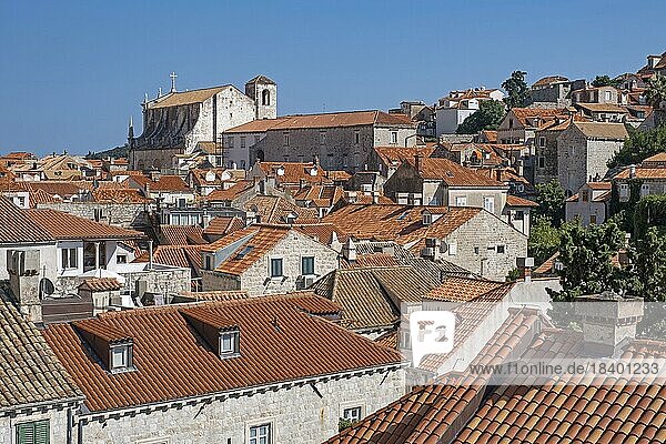 View over red roofs of houses and the Jesuit church of St. Ignatius in the Old Town  historic city centre of Dubrovnik  southern Dalmatia  Croatia  Europe