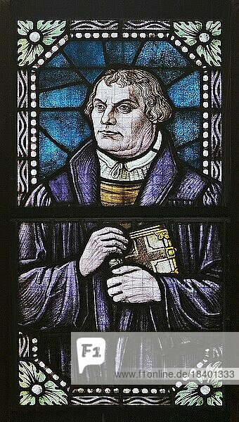 Portrait of Luther  stained glass in the Protestant Jakobuskirche  the only late Gothic basilica in Westphalia  Breckerfeld  Germany  Europe
