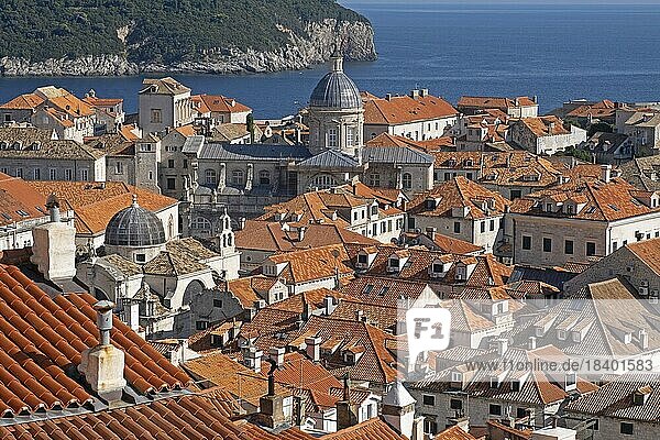 View over the domes of Dubrovnik Cathedral and St Blaises church in the Old Town  historic city centre of Dubrovnik  southern Dalmatia  Croatia  Europe