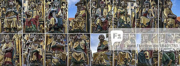 Figures at the Beautiful Fountain: Four Evangelists  Four Fathers of the Church  Philosophers and Seven Liberal Arts  Hauptmarkt  Nuremberg  Middle Franconia  Bavaria  Germany  Europe