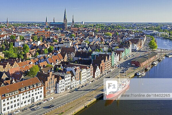 Aerial view over the river Trave and Feuerschiff Fehmarnbelt Lightship in the old town of the Hanseatic City of Lübeck  Schleswig-Holstein  Germany  Europe