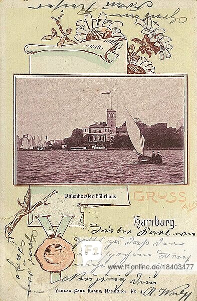 Uhlenhorst  Fährhaus  Hamburg  Deutschland  Postkarte mit Text  Ansicht um ca 1910  Historisch  digitale Reproduktion einer historischen Postkarte  public domain  aus der damaligen Zeit  genaues Datum unbekannt  Europa