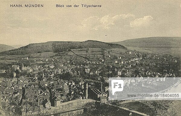 View from the Tillyschanze in Hannoversch Münden  Hann.Münden  Lower Saxony  Germany  postcard with text  view around ca 1910  historical  digital reproduction of a historical postcard  public domain  from that time  exact date unknown  Europe