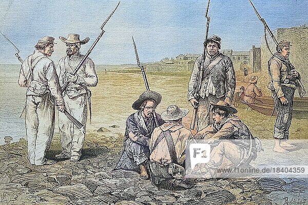 Soldiers in Panama in the 19th century  Historical  digitally restored reproduction from a 19th century original