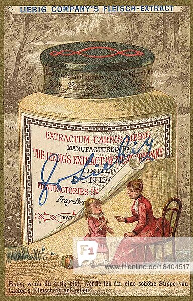 Bildserie Extrakttöpfe 1  große Töpfe  Baby  wenn du artig bist ...  Frau mit kleinem Kind  digital restaurierte Reproduktion eines Sammelbildes von ca 1900