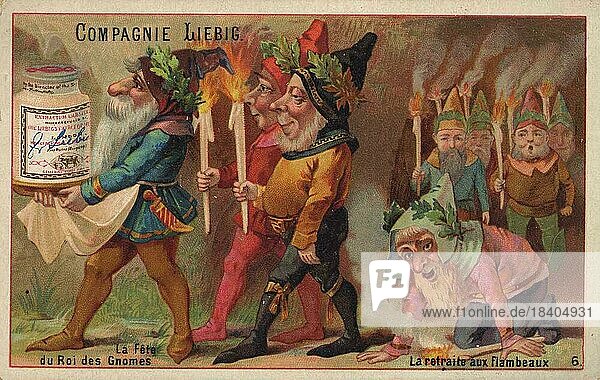 Picture series Dwarfs  the feast of the gnome king  king of the gnomes  the torchlight procession  digitally restored reproduction of a collectors picture from c. 1900