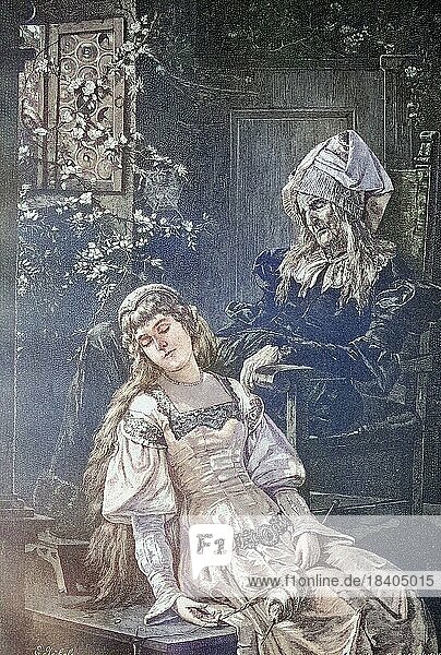 Sleeping Dornroeschen. Girl fell asleep at home with her grandmother  Historic  digitally restored reproduction from a 19th century original