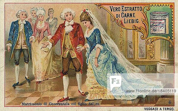 Picture series Cinderella  Cenerentola  matrimonio con figlio del re  Marriage with the Kings Son  Cinderella  a well-known 17th century fairy tale by Giambattista Basile  digitally restored reproduction of a collectors picture from c. 1900