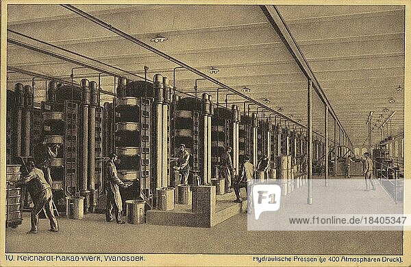 Reichardt Kakaowerk  Wandsbek  Hydraulic Presses  Hamburg  Germany  postcard with text  view circa 1910  historical  digital reproduction of a historical postcard  public domain  from that time  exact date unknown  Europe