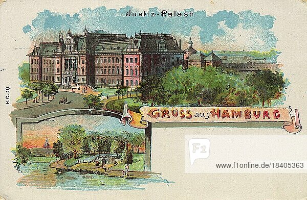 Justiz Palast  Hamburg  Deutschland  Postkarte mit Text  Ansicht um ca 1910  Historisch  digitale Reproduktion einer historischen Postkarte  public domain  aus der damaligen Zeit  genaues Datum unbekannt  Europa