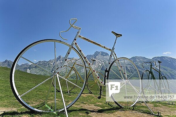 Giant bicycle sculptures at the Col dAubisque in the Pyrenees  France  Europe