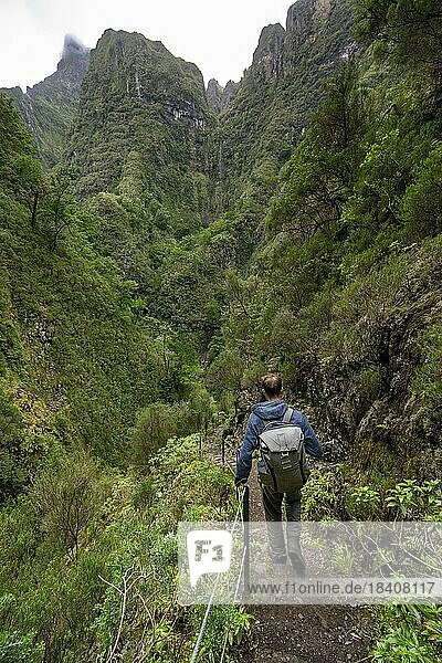 Wanderer an einem schmalen Wanderweg entlang einer Levada  bewaldete Berge und Schluchten  Levada do Caldeirão Verde  Parque Florestal das Queimadas  Madeira  Portugal  Europa
