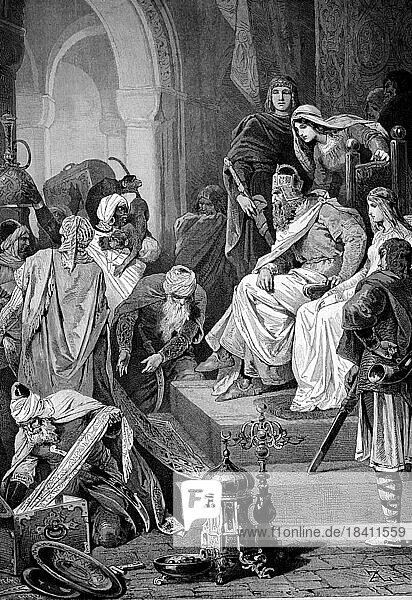 Karl der Große  2. April 742  28. Januar 814  auch bekannt als Karl der Große  Carolus oder Karolus Magnus oder Karl I.  hier empfängt er Harun al-Raschid von Bagdad  Historisch  digital restaurierte Reproduktion von einer Vorlage aus dem 19. Jahrhundert