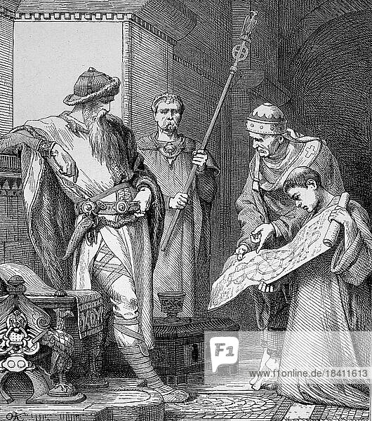 Charlemagne  2 April 742  28 January 814  also known as Charlemagne  Carolus or Karolus Magnus or Charles I  looking at the building plan of the Castle Church of Aachen  Germany  Historical  digitally restored reproduction from a 19th century original  Europe