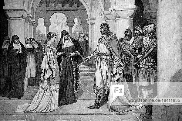 Henry the Finkler or Henry the Vogler (876) (2 July 936) was Duke of Saxony and elected King of East Franconia from 912. Here is his courtship of Mathildis  Historical  digitally restored reproduction from a 19th century original