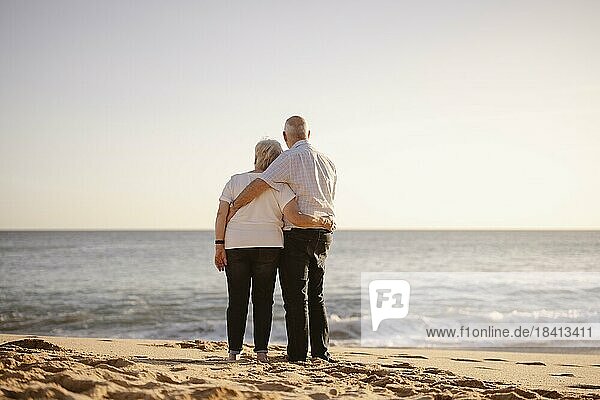 Elderly couple hugging each other on the beach seen from their back