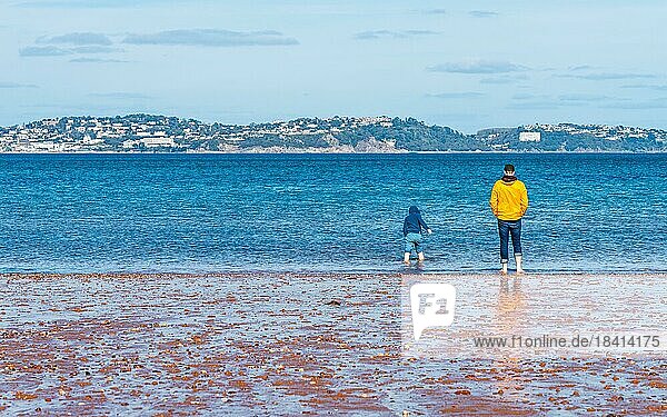 Vater und Sohn am Strand bei Ebbe  Paignton  Devon  England  Großbritannien  Europa