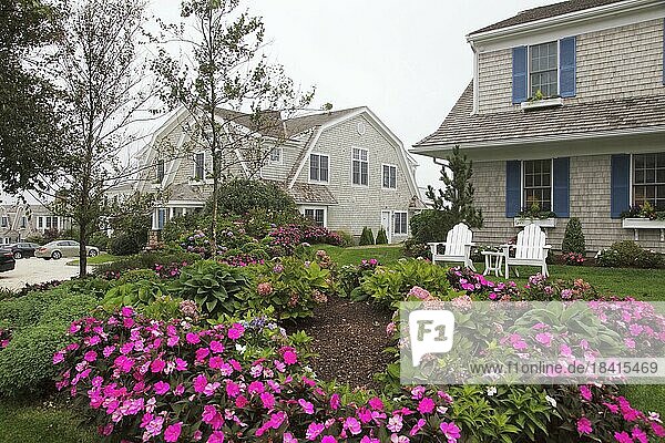 Residence with flower garden  coastal architecture  Cape Cod  Massachusetts  USA  North America