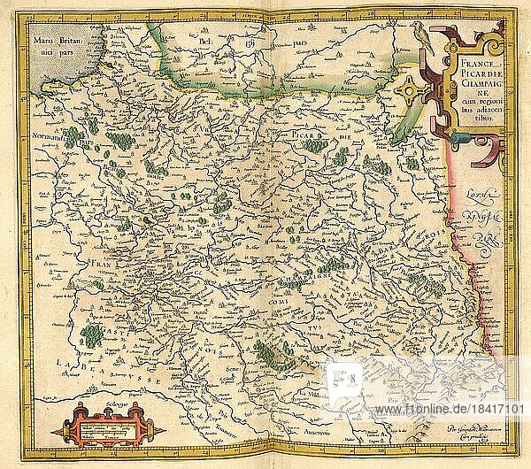 Atlas  Landkarte aus dem Jahre 1623  Picardie und Champagne  Frankreich  digital restaurierte Reproduktion von einem Kupferstich von Gerhard Mercator  geboren als Gheert Cremer  5. März 1512  2. Dezember 1594  Geograph und Kartograf  Europa