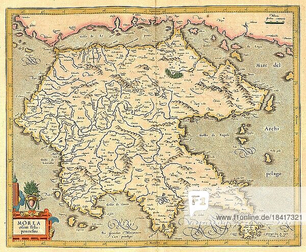 Atlas  Landkarte aus dem Jahre 1623  Morea  Griechenland  digital restaurierte Reproduktion von einem Kupferstich von Gerhard Mercator  geboren als Gheert Cremer  5. März 1512  2. Dezember 1594  Geograph und Kartograf  Europa