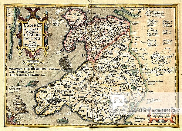 Atlas  Landkarte aus dem Jahre 1623  Cambriae Typus  the earliest published map of Wales  digital restaurierte Reproduktion von einem Kupferstich von Gerhard Mercator  geboren als Gheert Cremer  5. März 1512  2. Dezember 1594  Geograph und Kartograf