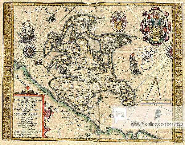 Atlas  Landkarte aus dem Jahre 1623  Rugiae  Insel Rügen  Deutschland  digital restaurierte Reproduktion von einem Kupferstich von Gerhard Mercator  geboren als Gheert Cremer  5. März 1512  2. Dezember 1594  Geograph und Kartograf  Europa